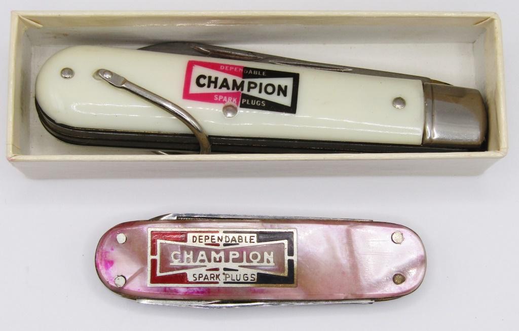 Champion spark plug advertising: pocket knife Colonial 2 blade original box PLUS CHAMPION SPARK PLUGS FINGERNAIL / KNIFE