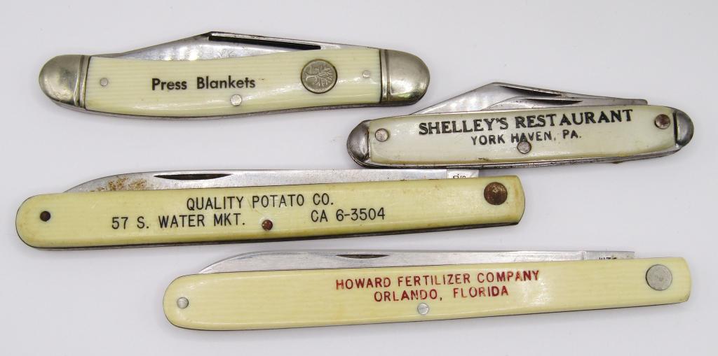 (4) VINTAGE ADVERTISING KNIVES: (1) SCHRADE, (1) GERSON CO, (1) BOKER, (1) IDEA