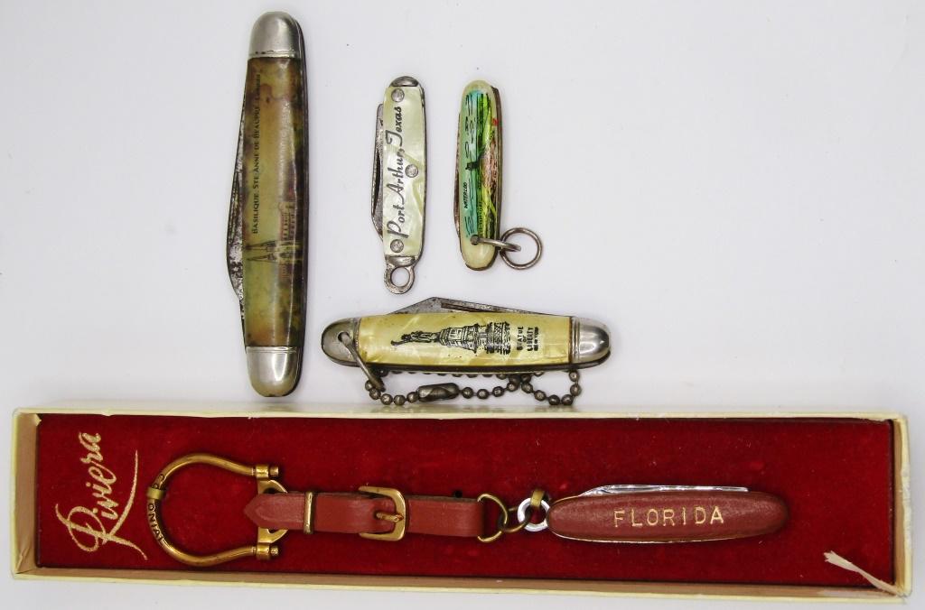(5) DESTINATION VTG POCKET KNIVES: PORT ARTHUR TEXAS, WATERLOO, NEW YORK STATUE of LIBERTY, FLORIDA & BASILIQUE DE BEAUPRE CAMADA