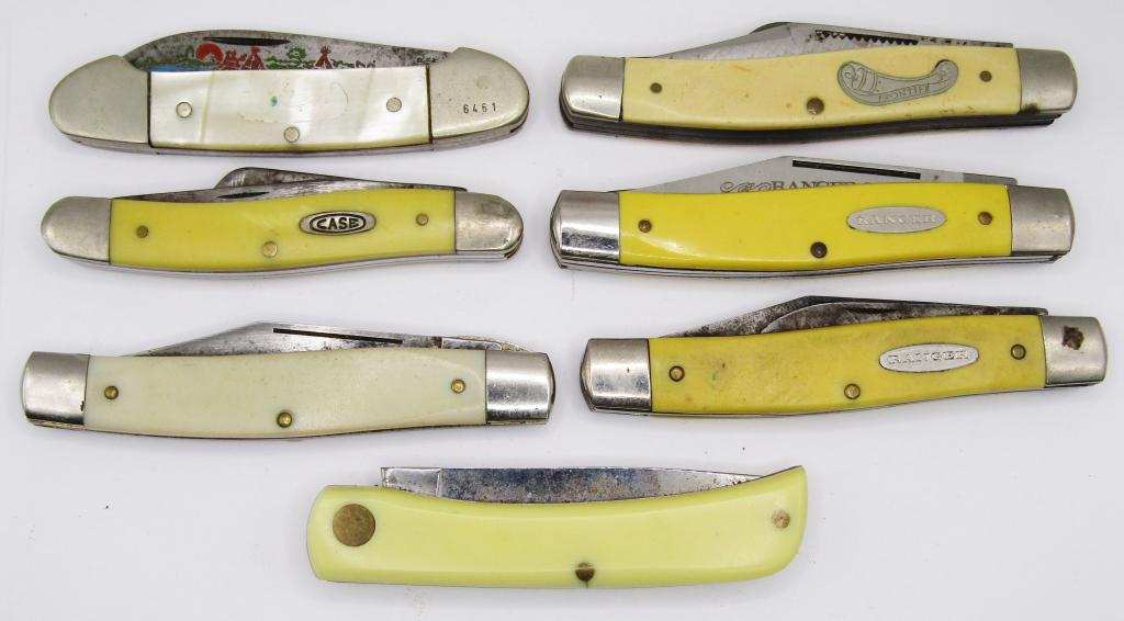 (7) VTG POCKET KNIVES with YELLOW PEARL: HANDLES - (2) CASE, RANGER ULTRA-HONED (like new) , RANGER, FRONTIER, LAKOTA, BOKER - VARIOUS CONDITION