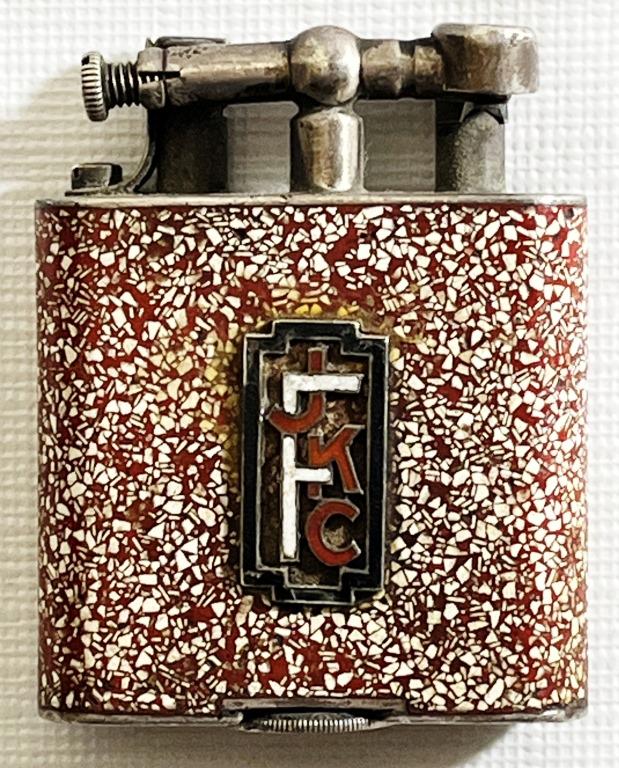 Vintage Dunhill Unique Lighter Lift Arm Lighter: Vintage DUNHILL UNIQUE LIGHTER (MARKED ON BOTTOM), Pat No. 143752, JKCF logo on front.