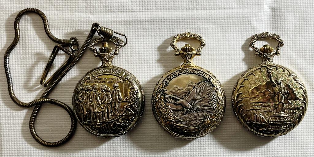(3) POCKETWATCHES; ARMITRON, ELEGANCE,: LIMITED EDITION COMMEMORATIVE; STATUE OF LIBERTY, UNITED STATES CONSTITUTION BICENTENNIAL, FLYING EAGLE CASES!