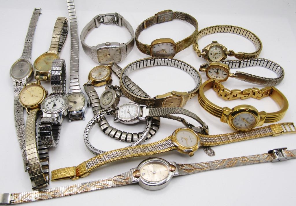 16-LADIES WRISTWATCHES: GRUEN 17 JEWELS-: SEIKO-HELBROS-TIMEX-BULOVA & OTHERS! ALL WATCHES UNTESTED/PARTS/REPAIR
