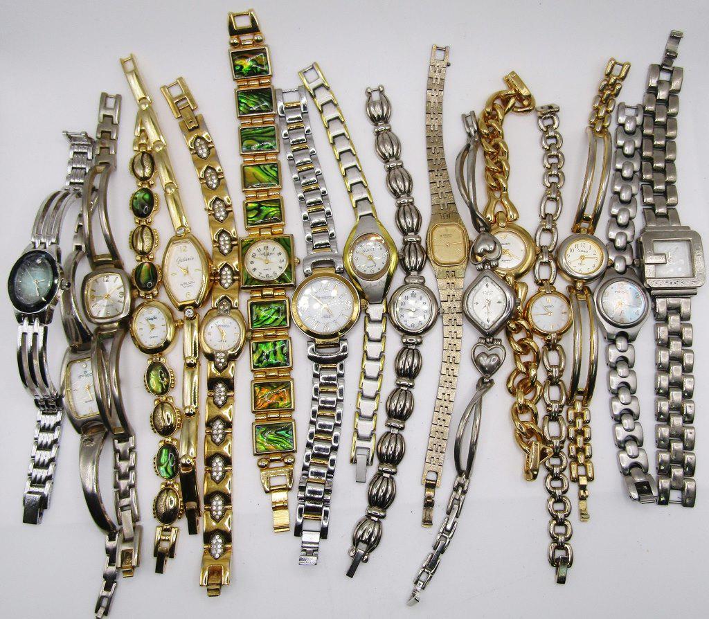 17-LADIES FASHION WRISTWATCHES:GUCCI-FOSSIL-: GRUEN-SEIKO-CARRIAGE-ARMITRON-GALAXIE BY ELGIN-QUARTZ & MORE! ALL WATCHES UNTESTED/PARTS/REPAIR