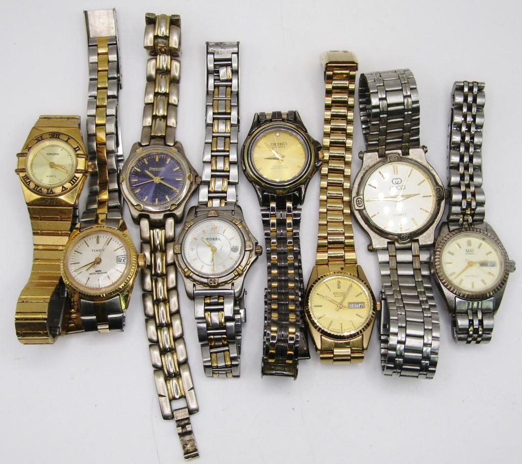 8-VTG MEN'S WRISTWATCHES: GRUEN-TIMEX: WR CALENDER-QUARTZ DAY DATE-SEIKO WR-FOSSIL DAY DATE-GUCCI-SEIKO DAY DATE-PRESCOTT-ALL WATCHES UNTESTED/PARTS/REPAIR