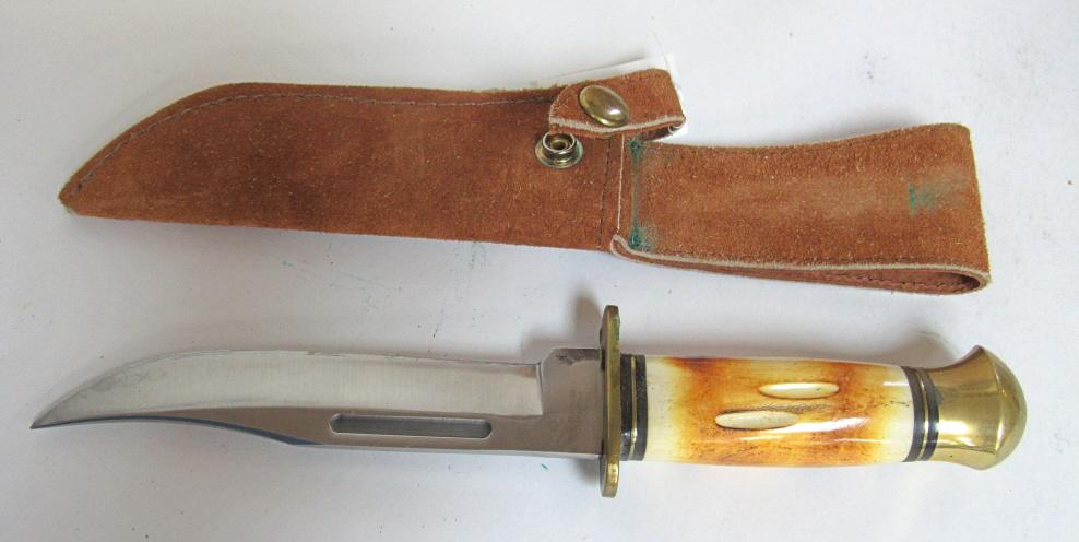 OLD SMOKY STAINLESS FIXED BLADE 10 1/2" LONG: WITH LEATHER SHEATH - LOOKS UNUSED