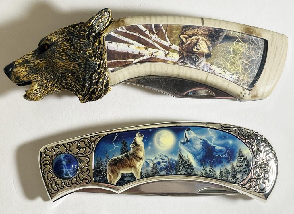 (2) COLLECTORS KNIVES w/WOLF THEME HANDLES (1 of 10)