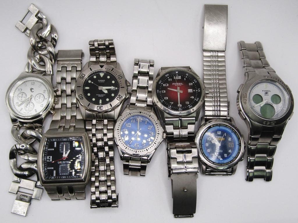 7-MEN'S CHUNKY FASHION WRISTWATCHES: FOSSIL CALENDAR-TIMEX-FOSSIL DIGITAL-CASIO & OTHERS-ALL WATCHES UNTESTED/PARTS/REPAIR