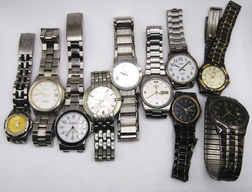 10-VINTAGE MEN'S WRISTWATCHES: MOVADO: RUNNING SEIKO DAY DATE-TIMEX INDIGLO WR 30M-ANNE KLEIN COLANDAR-3ATM WRT CALANDAR-CITIZEN DAY DATE-SEIKO 50M WR CALANDAR-FIELD WR QUARTZ-(2)QUARTZ-ALL WATCHES UNTESTED/PARTS/REPAIR