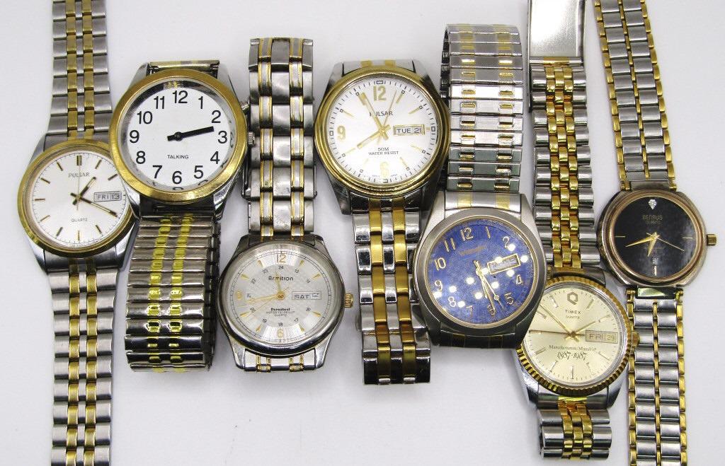 7-MEN'S SILVERTONED WRISTWATCHES: BENRUS: TIMEX DAY DATE-ARMITRON DAY DATE-PULSAR DAY DATE 50M WR-WRANGLER DAY DATE-PULSAR DAY DATE-ALL WATCHES UNTESTED/PARTS/REPAIR