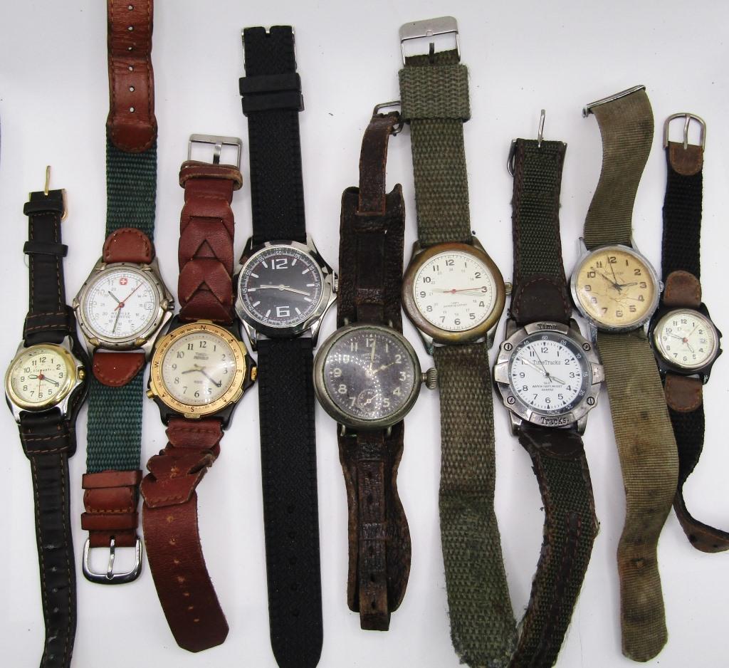 9-MEN'S WRISTWATCHES: INGERSOLL-TIMEX-: TIME TRACKS 100 FT WR-DETAILS CALANDER-WENGER CALENDAR-100 FT WR-VANTAGE-ELEMENTS-QUARTZ-ALL WATCHES UNTESTED/PARTS/REPAIR