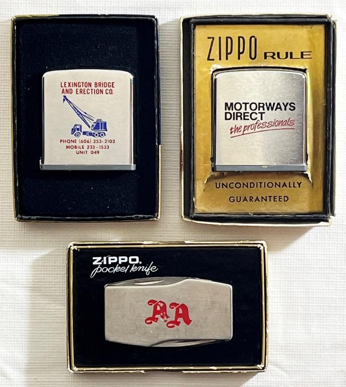 ZIPPO LOT: (2) TAPE MEASURES (1) MONEY CLIP: ADVERTISING LOT in ORIGINAL BOXES