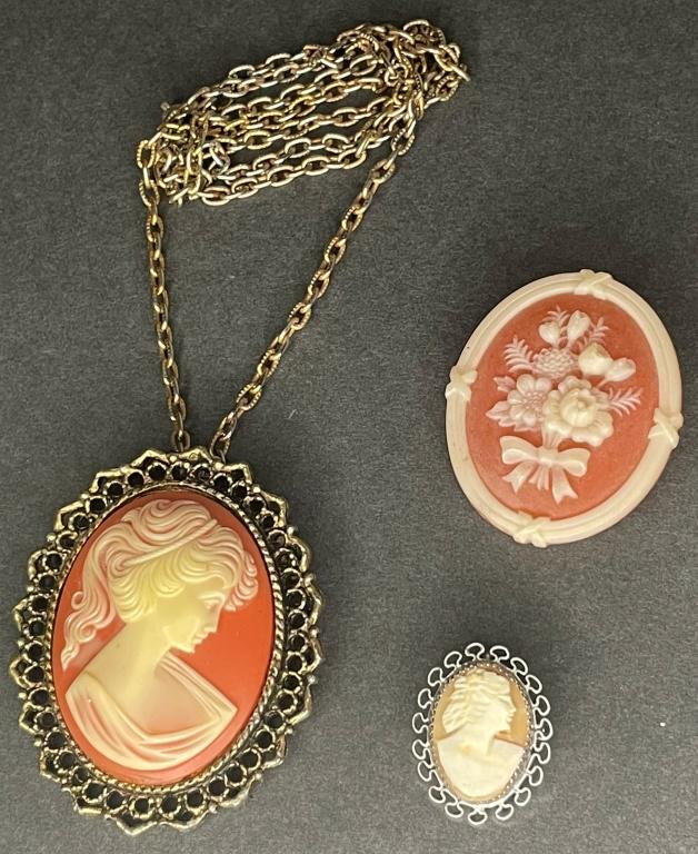 VINTAGE CAMEO LOT!: TWO BROOCHES,ONE MARKED AVON, ONE NECKLACE