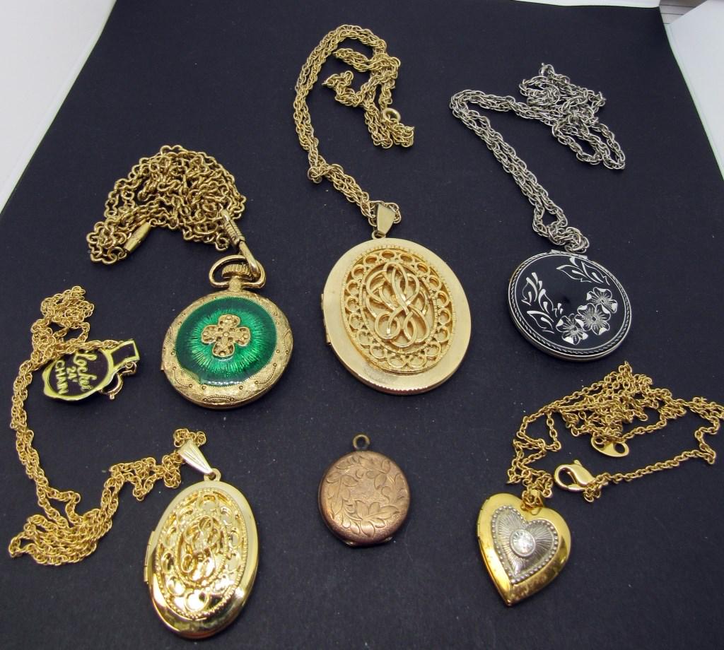 VINTAGE LOCKET LOT: (6) MISC LOCKETS - 5 W/ CHAINS, 1 W/OUT CHAIN
