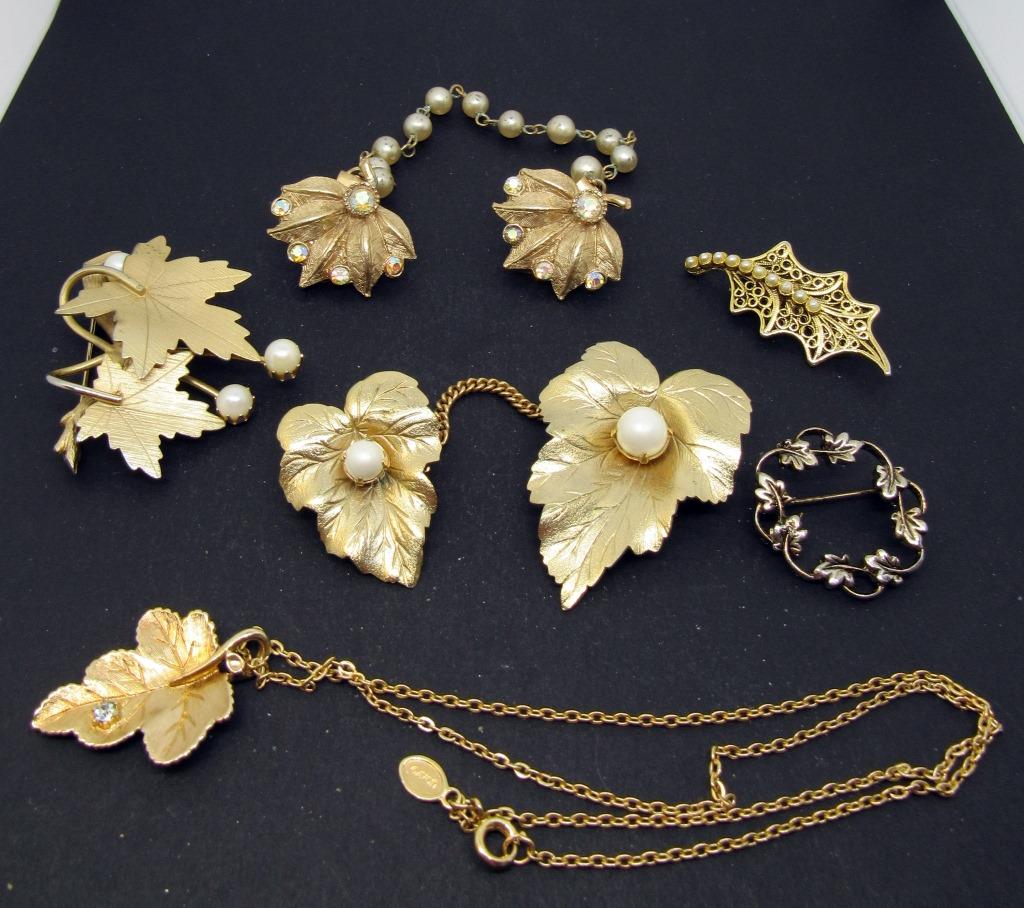 BEAUTIFUL LEAF LOT: (1) NECKLACE (2) SWEATER CLIPS (3) BROOCHES