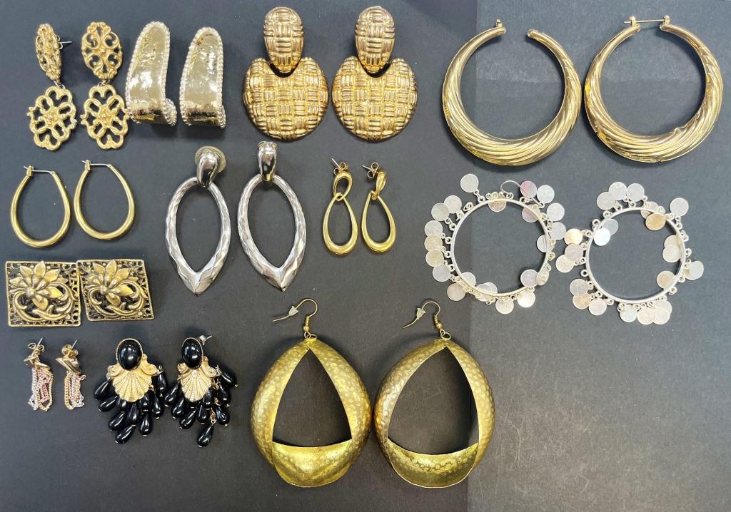 13 GOLD TONED EARRINGS!: 1 AMRKED MONET, 1 MARKED AVON, 1 MARKED FREIRICH!