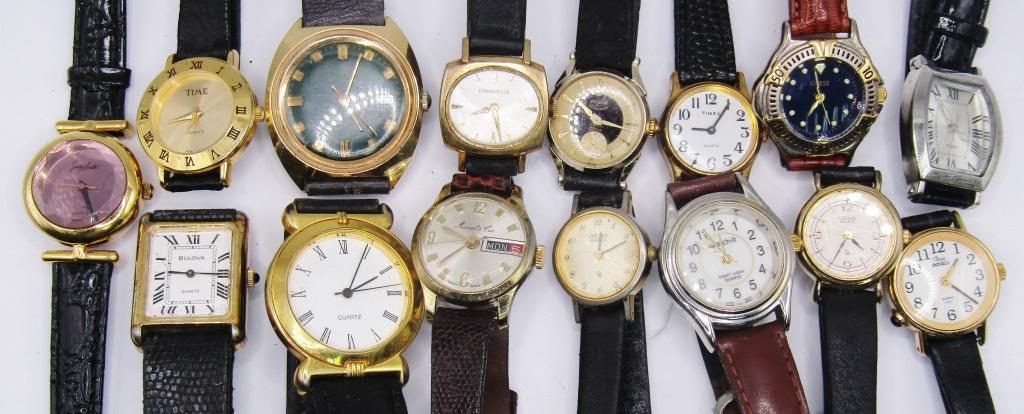 (15) Vintage Wristwatches! Guess, Citizen, Bulova,: Timex, Caravelle, Enicar; Untested!