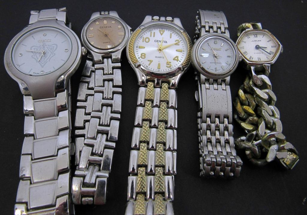 5 VINTAGE WRIST WATCHES!: GUCCI, GENEVA, JUBILEE, DUNLEX; UNTESTED!