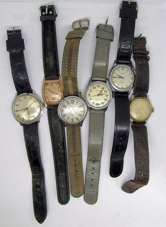 6 VINTAGE MENS WRISTWATCHES!: WYLER INCAFLEX, BULOVA, HELBROS BREVET D., WESTFIELD WATER TIGHT, TIMEX, ELOGA INCABLOC; UNTESTED!