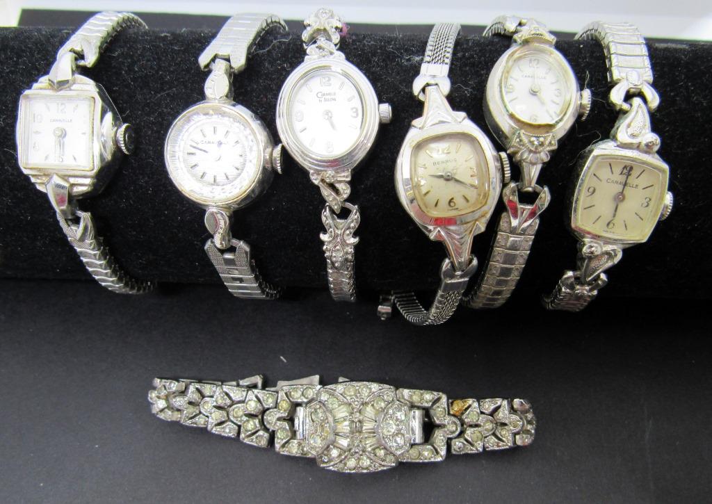 7 SILVER TONED VINTAGE WRISTWATCHES!: CARAVELLE, BENRUS, BULOVA, SWISS MILBER; UNTESTED!