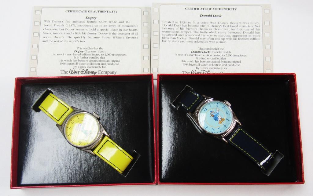2-TIMEX LE INGERSOLL BIRTHDAY DISNEY WATCHES: 2000 VINTAGE REPRODUCTION- DOPEY DWARF & DONALD DUCK-BOTH WATCHEST UNTESTED