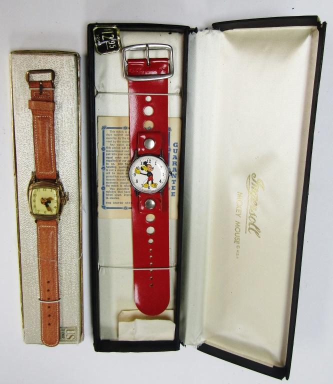 2-VINTAGE INGERSOLL MICKEY MOUSE WRISTWATCHES: BROWN LEATHER BAND IS WORKING-OTHER UNTESTED