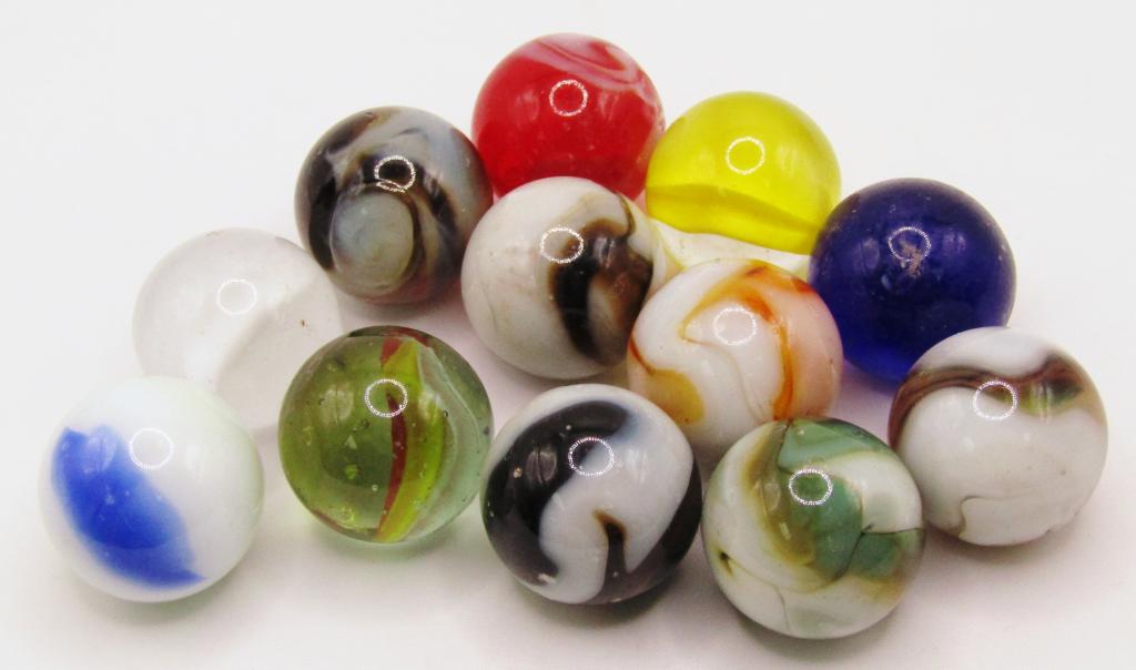 12 Vintage Shooter Marbles!: Measures at 1" inches; Variety of Colors & Types!