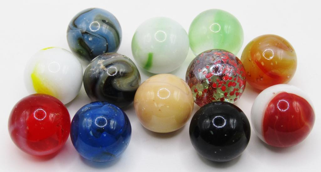 12 Vintage Shooter Marbles!: Measures at 1" inches; Variety of Colors & Types!