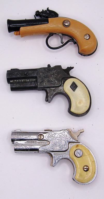 (3) SMALL VINTAGE TOY CAP GUNS: NICHOLS, HUBLEY & BUCCANEER - ALL NICE WORKING CONDITION