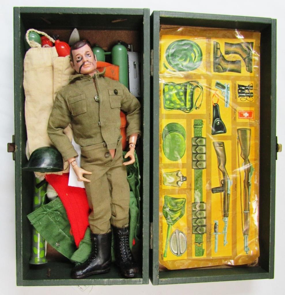 1964 G I JOE with LOCKER & ACCESSORIES: MULTIPLE OUTFITS / ACCESSORIES / LOCKER BOX has one end missing wood - DOLL HAS DRAWN ON MUSTAGE & EYE