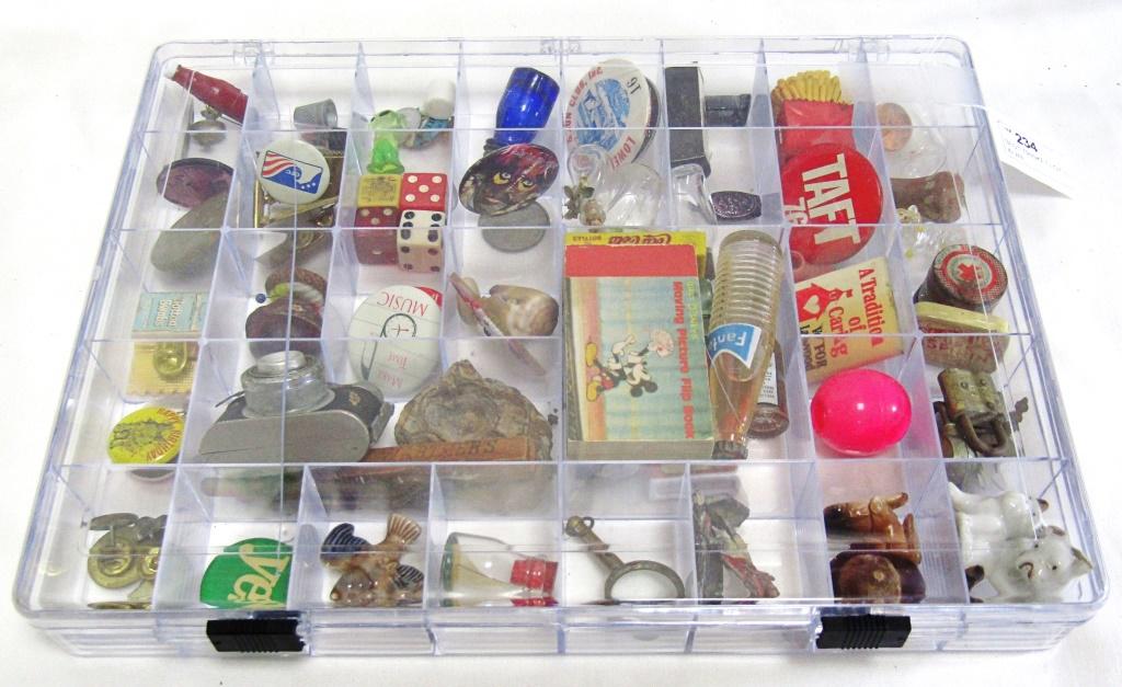 BEST TRINKET LOT EVER - FULL of SURPRISES: in CUBED DISPLAY CASE - POLITICAL, GAME PIECES, ADVERTISING PIECES, FIGURINES & MORE