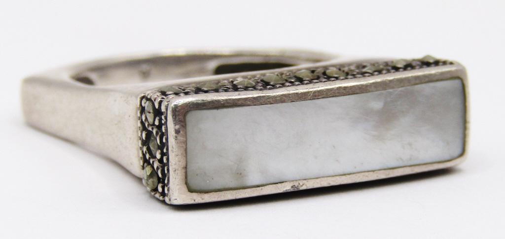 VINTAGE STERLING MARCASITE RING WITH MOTHER: OF PEARL INLAY-RING SIZE 9-TOTAL 6 DWT