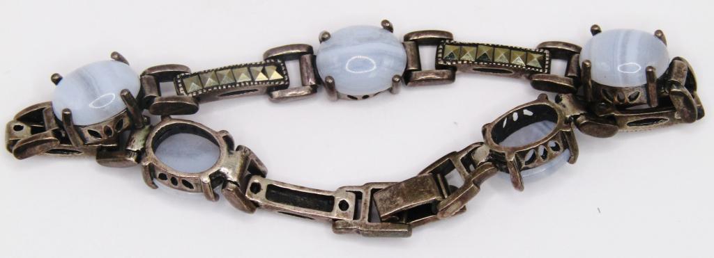 VTG 7 INCH MARCASITE BRACELET WITH BABY BLUE: MARBLE STONES--POSSIBLE GLASS??-TOTAL 12 DWT