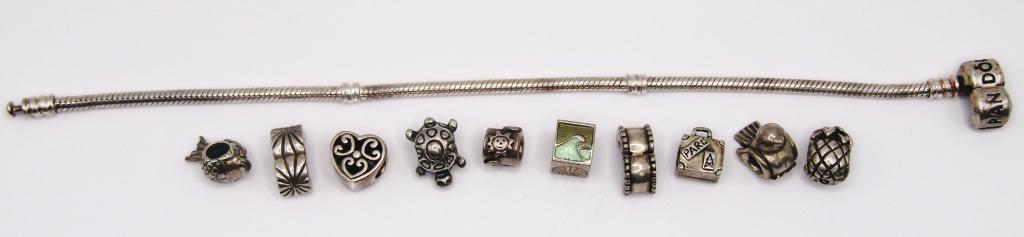PANDORA BRACELET w/10 CHARMS - ALL STERLING: PINEAPPLE, TURTLE, FISH, CAPE COD & MORE CHARMS - 30 DWT