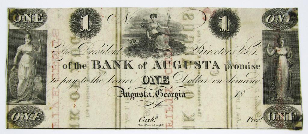 $1 BANK of AUGUSTA OBSOLETE NOTE: SHOWS LIGHT STAINS ON CORNERS FROM STORGAE POST STAMP