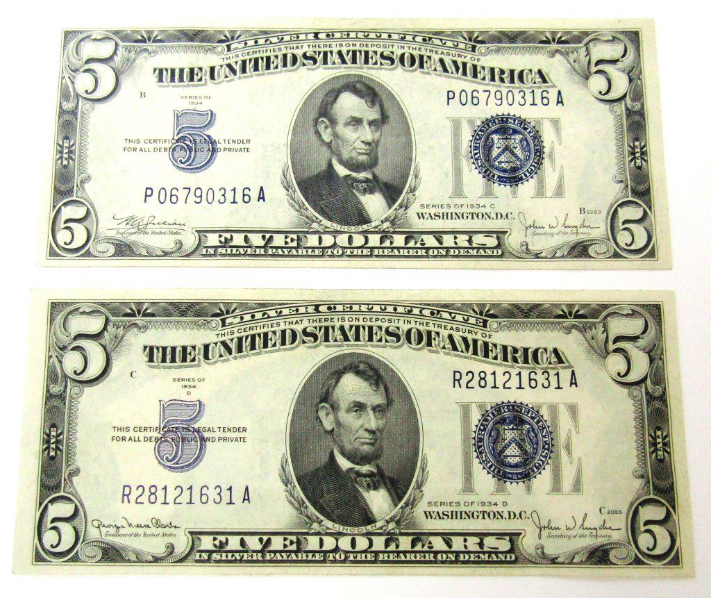 (2) 1934 $5 SILVER CERTIFICATES (1 of 2)