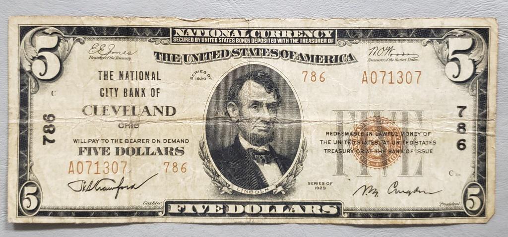 1929 $5 NATIONAL CURRENCY CLEVELAND OH (1 of 2)