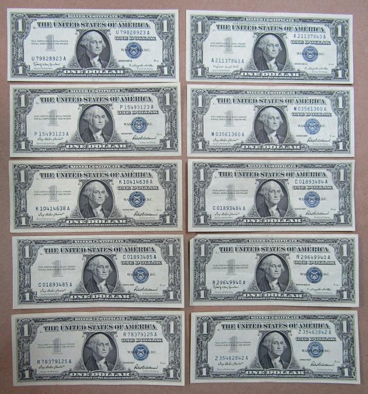 (10) 1957 $1 SILVER CERTIFICATE AU/UNC (1 of 2)
