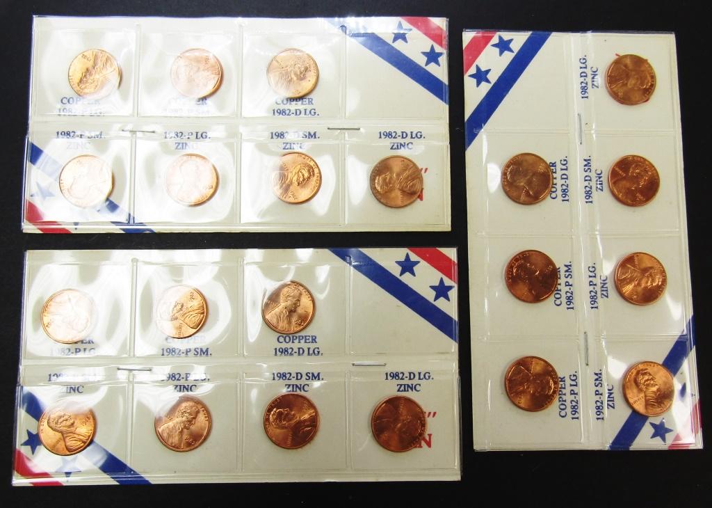 (3) 1982 Lincoln Cent 7 Coin Variety Set;: BU; in Plastic Sleeve with Descrip. Card