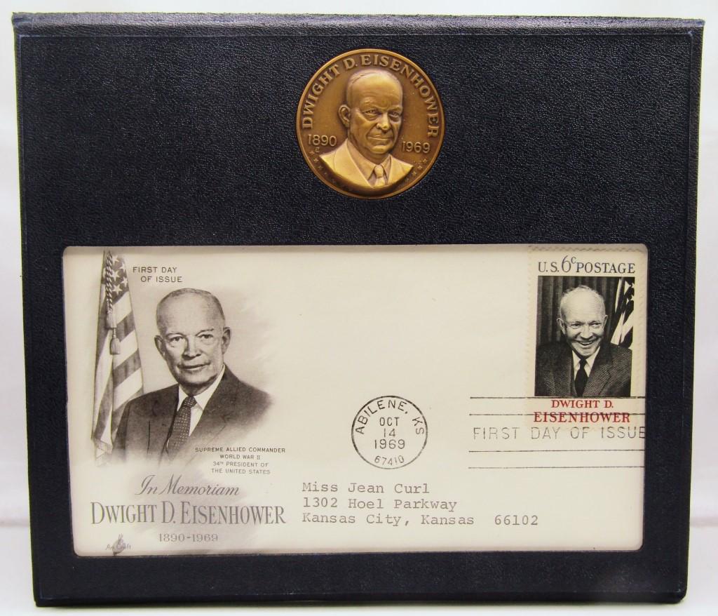 1969 DANBURY MINT DWIGHT D EISENHOWER COMMEM: SET 1ST DAY STAMP MEDAL