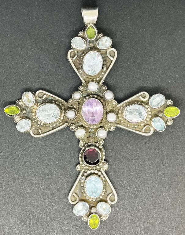 LARGE WG STERLING CROSS PENDANT WITH MULTI (1 of 3)