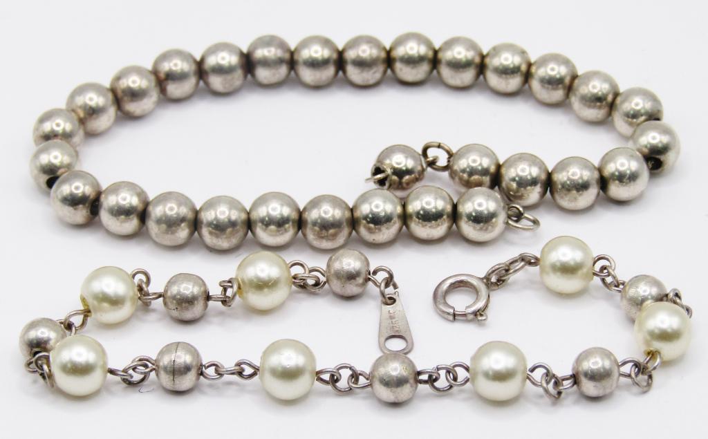 2-VINTAGE STERLING BEADED BRACELETS (1)WITH: PEARL ACCENTS-TOTAL 7 DWT