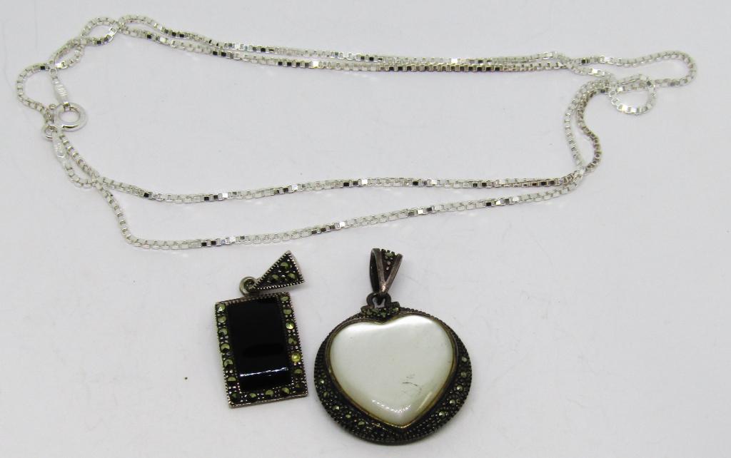 2-STERLING MARCASITE PENDANTS PLUS BONUS: 24 INCH ITALY STERLING CHAIN-TOTAL 11 DWT