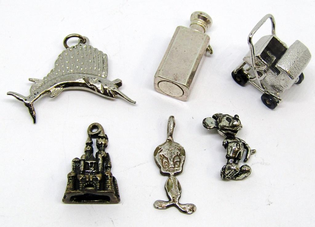 6-STERLING CHARMS: TWEETY BIRD-MICKEY MOUSE-: DISNEY CASTLE & MORE! TOTAL 17 DWT