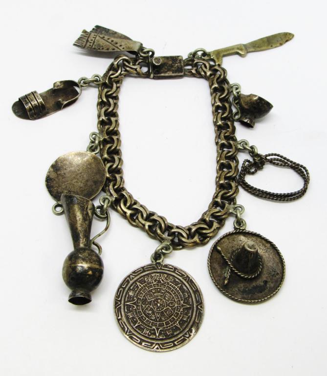 MEXICO STERLING CHARM BRACELET WITH (9)CHARMS: TOTAL 24 DWT