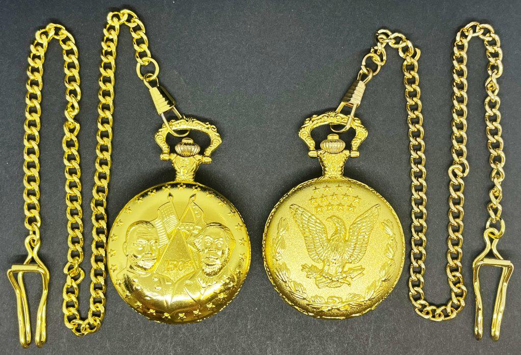 (2) JAPAN MOVT GOLD TONED POCKET WATCHES: BOTH NEED NEW BATTERIES - LIKE NEW - AMERICAN CIVIL WAR SESQUICENTENNIAL & GOLD EAGLE