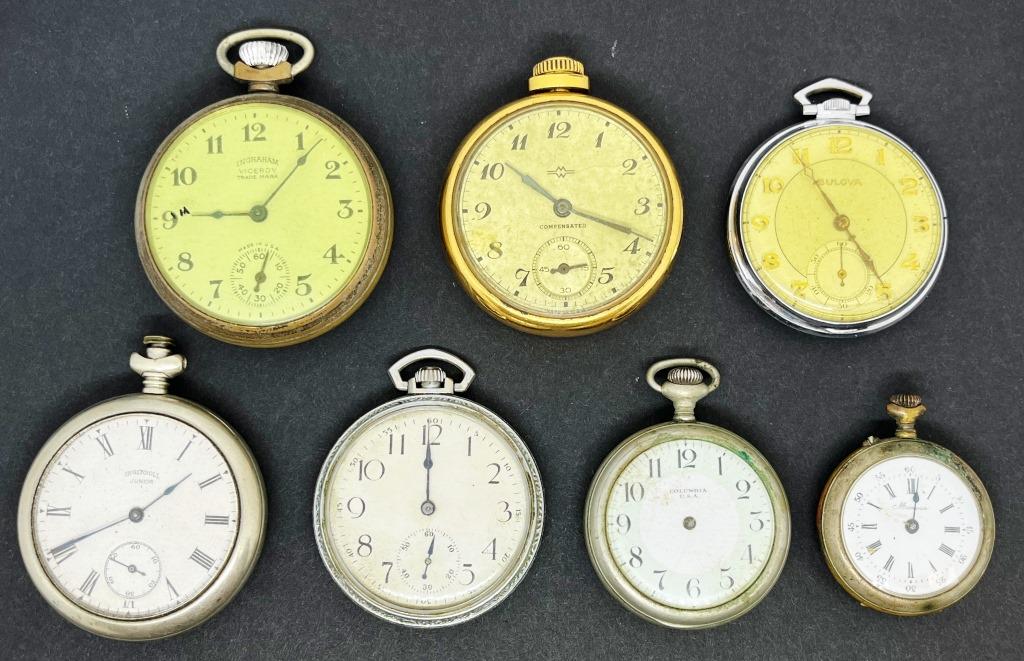 (7) PARTS/REPAIR POCKET WATCH LOT: COLUMBIA USA, INGRAHAM VICEROY, MIMOSA, BULOVA, INGERSOLL JUNIOR & OTHERS - UNTESTED LOT - PARTS / REPAIR