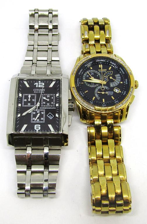 (2) CITIZEN MENS WATCHES (1) WORKING: (1) UNTESTED - GOLD TONE ECO-DRIVE WORKING CONDITION