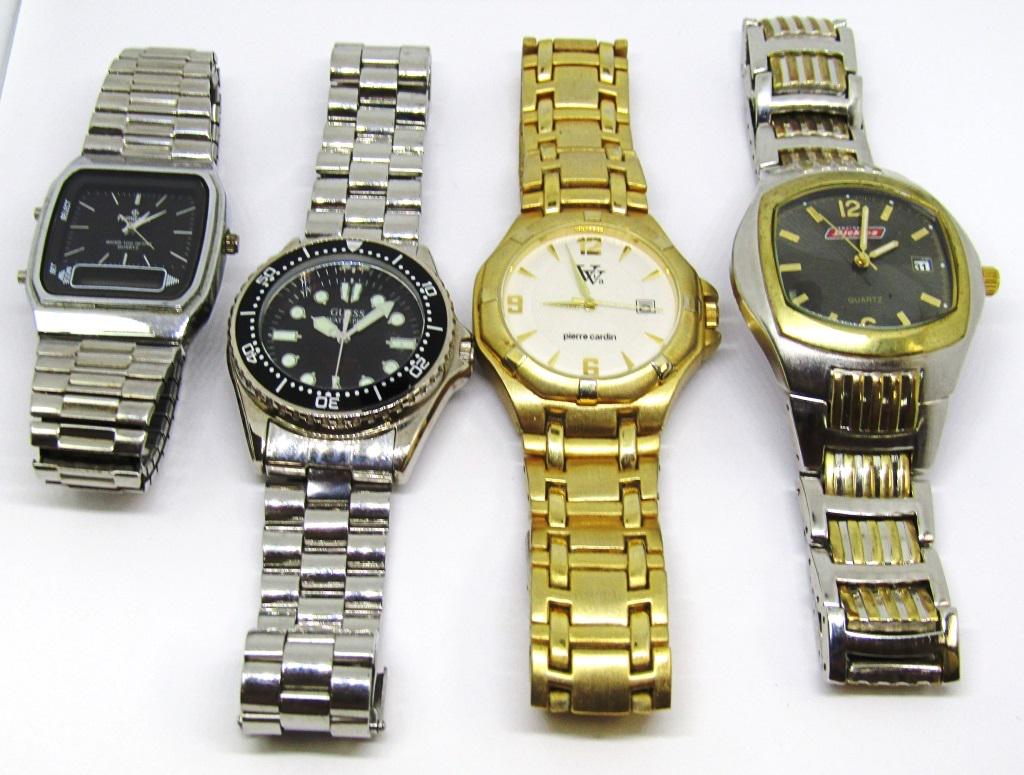 PIERRE CARDIN, GUESS, DICKIES, ARMITRON: MENS WATCH LOT of 4 - GUESS RUNNING - REST NEED BATTERIES - LIGHTLY USED LOT