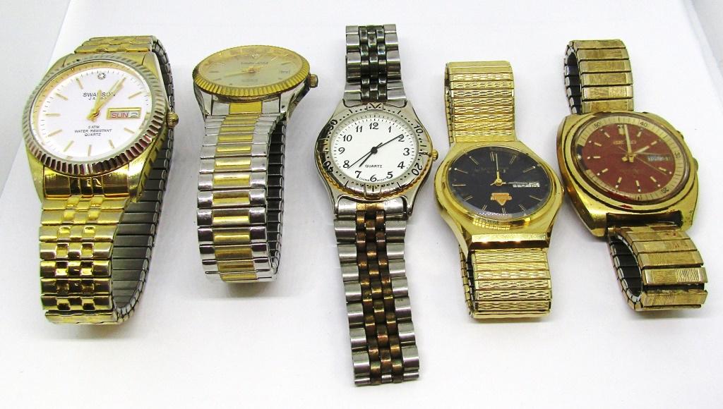 SEIKO BELL MATIC 17j RUNNING - CRYSTAL has WEAR: plus SWANSON, ACCUTRON, LINDENWOLD & CHINA QUARTZ - REST UNTESTED / BATTIERIES NEEDED